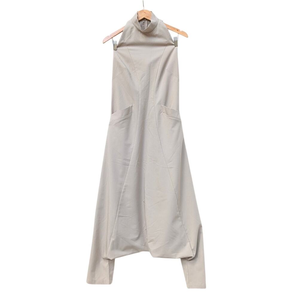 Aakasha Halter Neck Drop Crotch Sleeveless Jumpsuit in Natural Beige, size XS